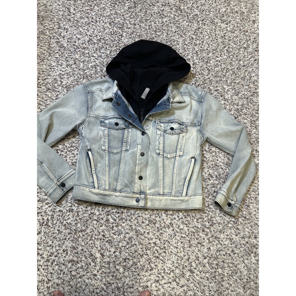 Athleta Double Time Denim Jacket Hooded‎ Vest Combo Womens Sz S Acid Wash/Black